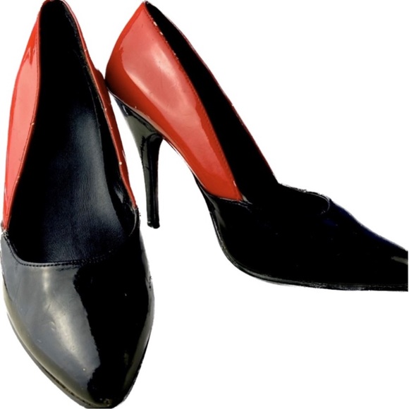 80s Patent leather pumps latex style red and black Spike heels 👠 Vintage - Picture 2 of 12